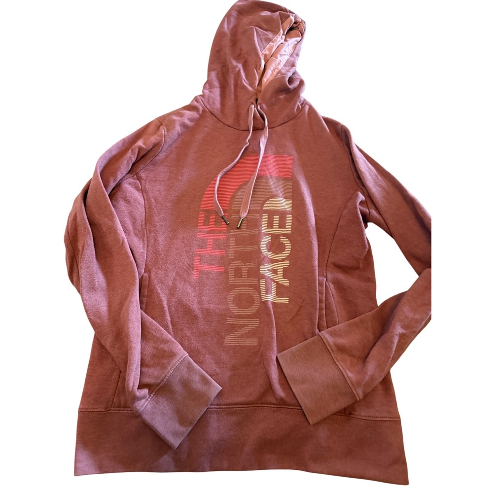 The North Face Womens Rose Mauve Graphic Logo Fleece Pullover Hoodie Size Medium